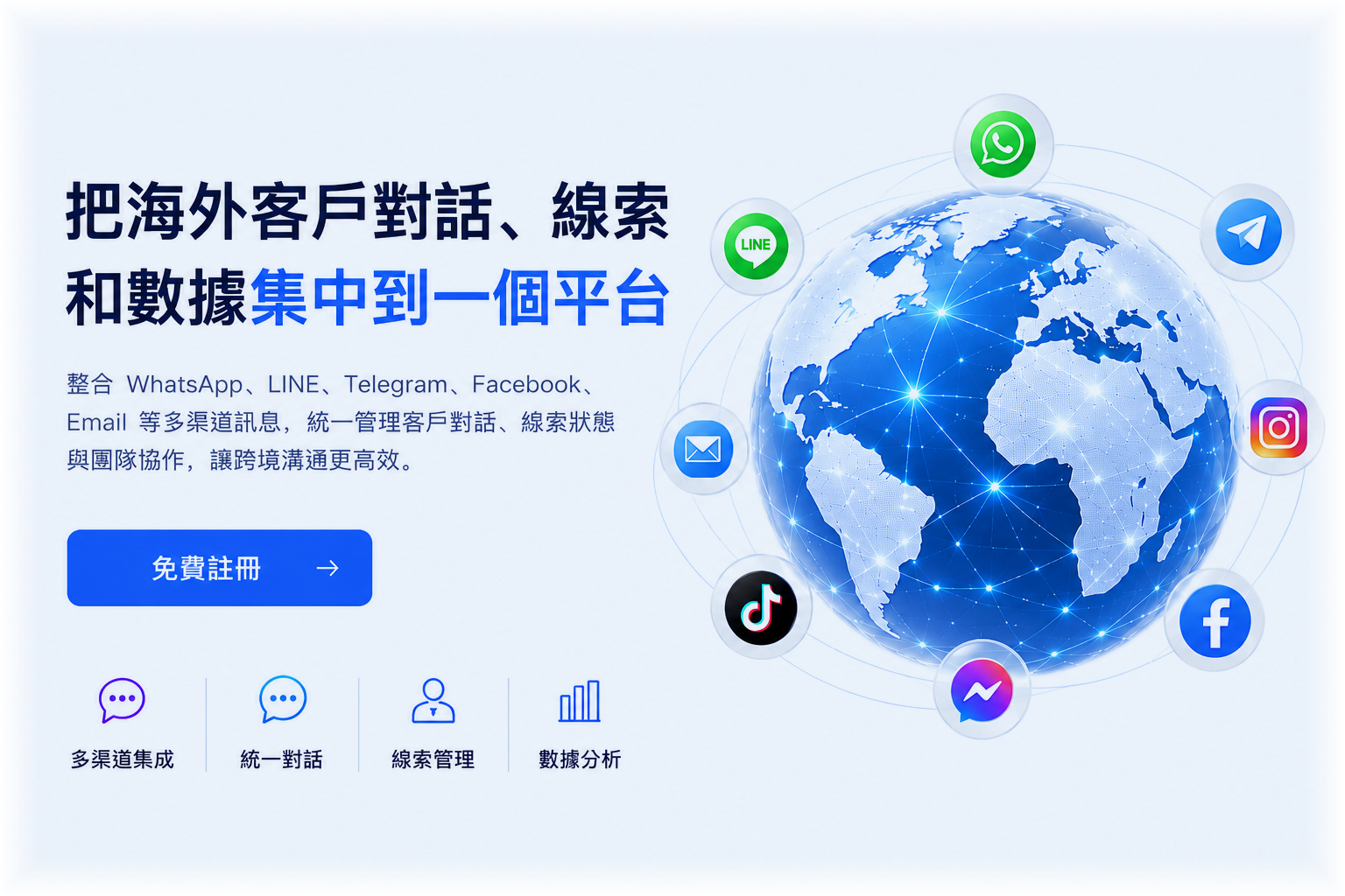 把海外客戶對話、線索和數據集中到一個平台 — 整合 WhatsApp、LINE、Telegram、Facebook、Email 等多渠道